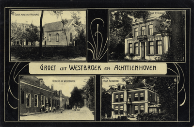 15268 Collage van gezichten te Westbroek en Achttienhoven:- Gereformeerde kerk met pastorie.- Villa Tetterode. - ...